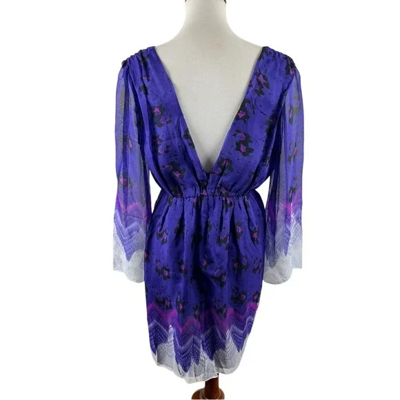 Aryn K Purple Silk Dress Size M 100% Silk Print V-Neck Elastic Waist Fairycore - Picture 3 of 11